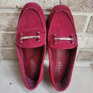 EUC Lauren Ralph Lauren Red Suede Loafers Silver Logo Bar Moc Toe Flats Size 6B